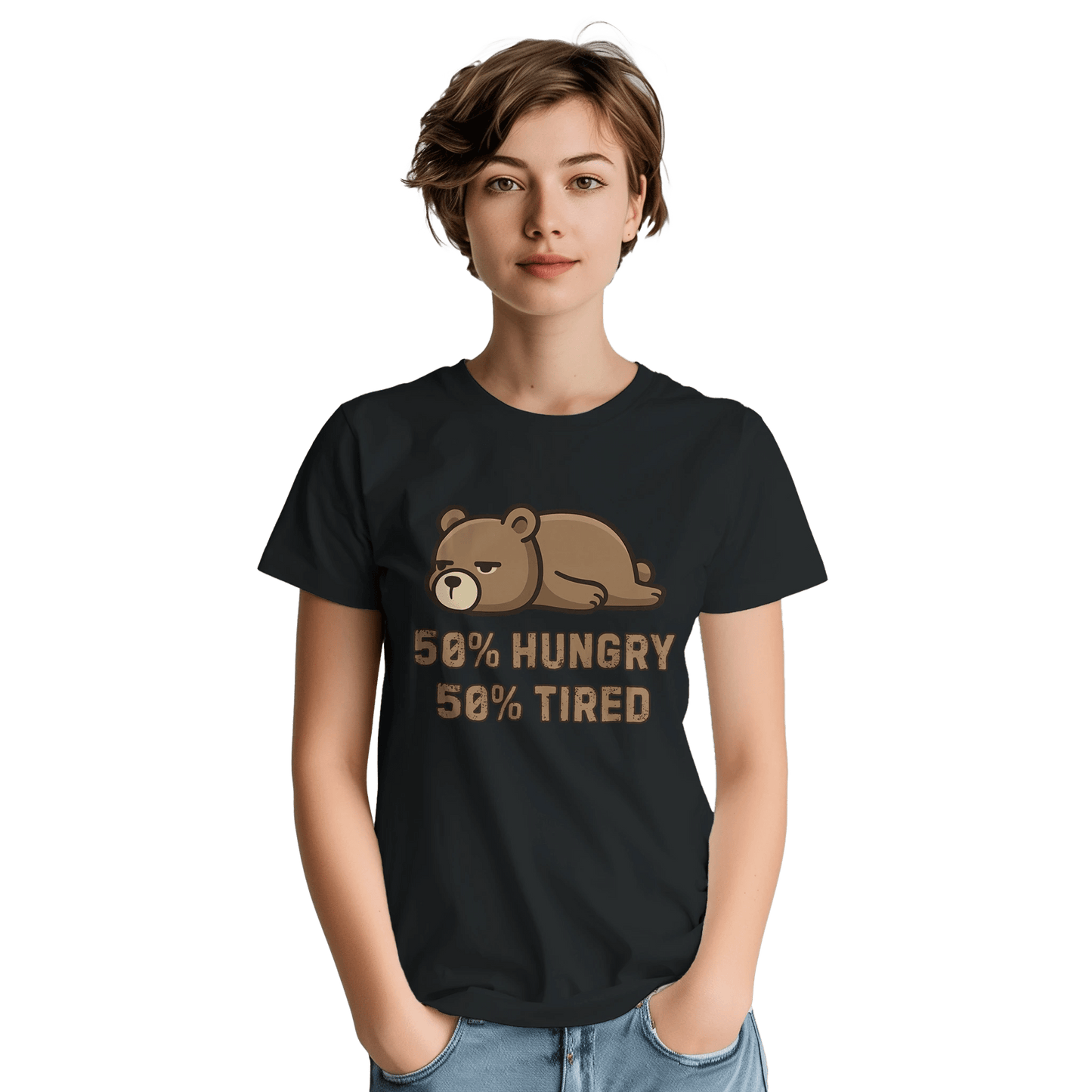 "50% Hungry, 50% Tired" – Lazy Bear T-Shirt – Funny Mood Tee – Cute Unisex Graphic Shirt for Everyday Struggle (Black) - MildPrint.store