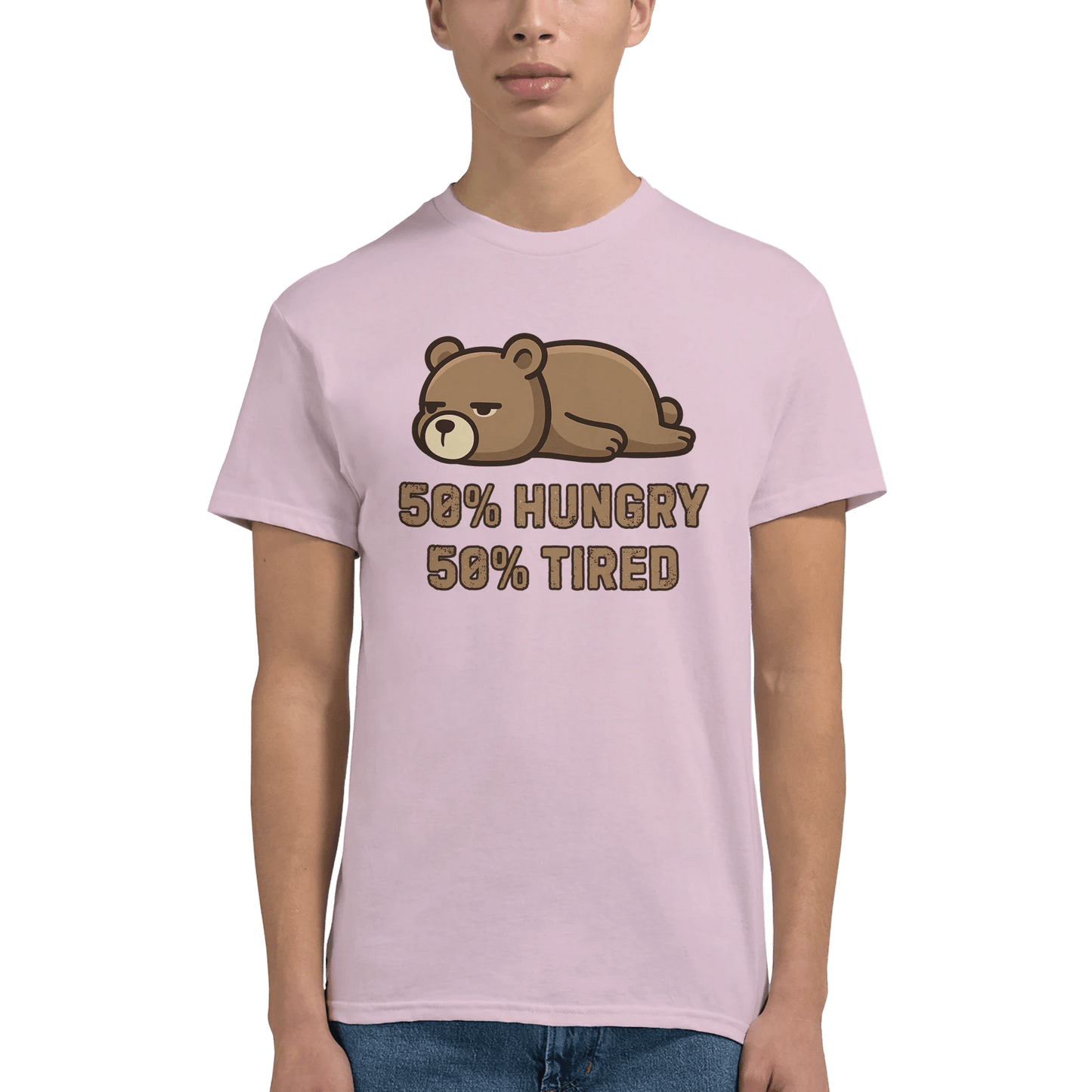 "50% Hungry, 50% Tired" – Lazy Bear T-Shirt – Funny Mood Tee – Cute Unisex Graphic Shirt for Everyday Struggle (Light Pink) - MildPrint.store
