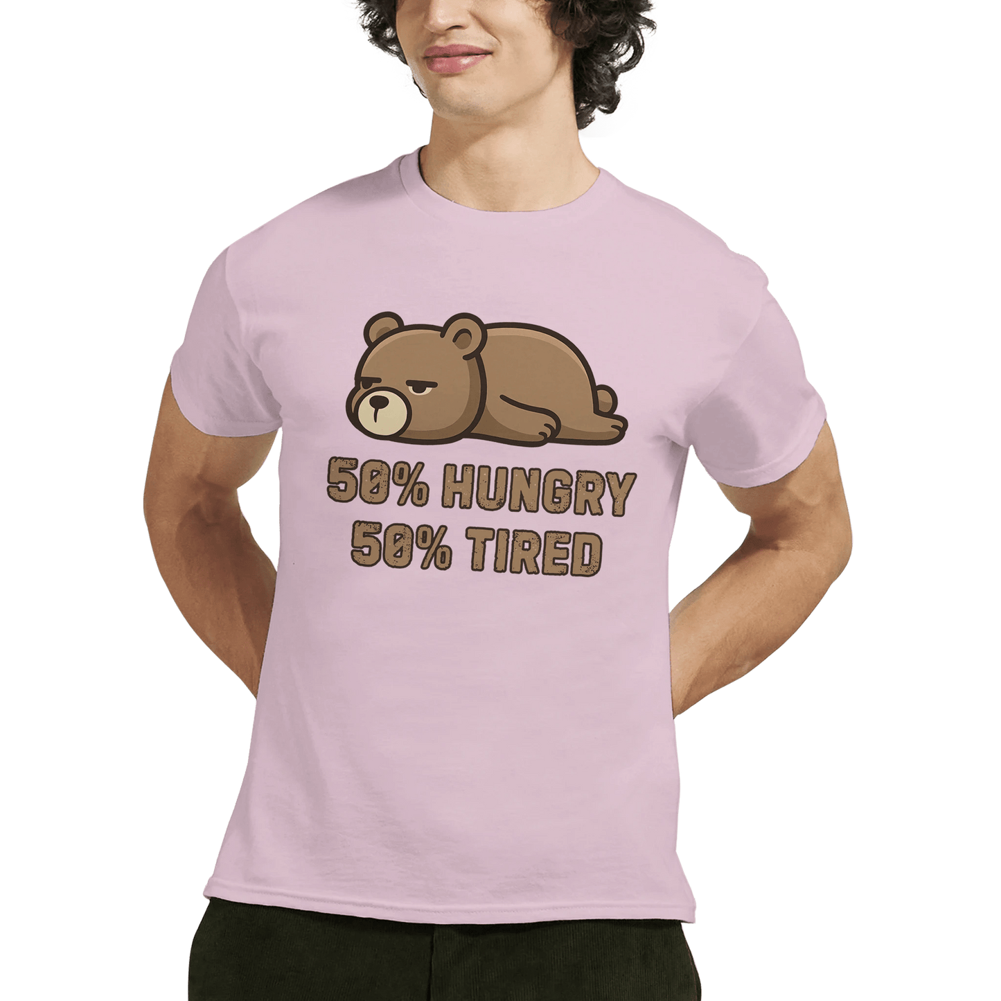 "50% Hungry, 50% Tired" – Lazy Bear T-Shirt – Funny Mood Tee – Cute Unisex Graphic Shirt for Everyday Struggle (Light Pink) - MildPrint.store