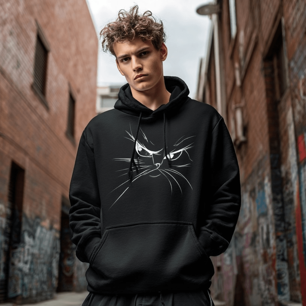 "Attitude Cat Hoodie" – Double - Sided Line Art Hoodie – Minimalist Angry Cat Pullover (Black) - MildPrint.store