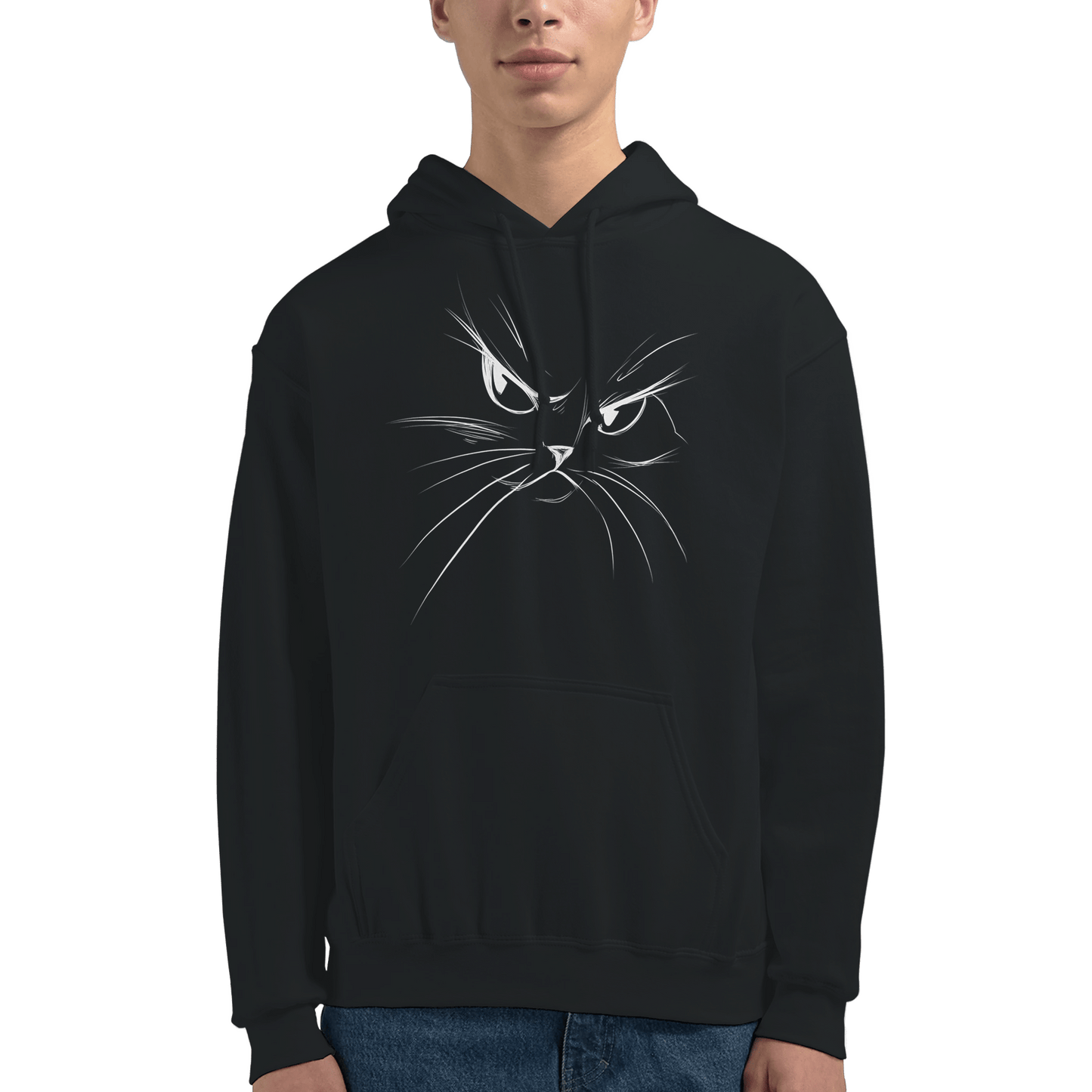 "Attitude Cat Hoodie" – Double - Sided Line Art Hoodie – Minimalist Angry Cat Pullover (Black) - MildPrint.store