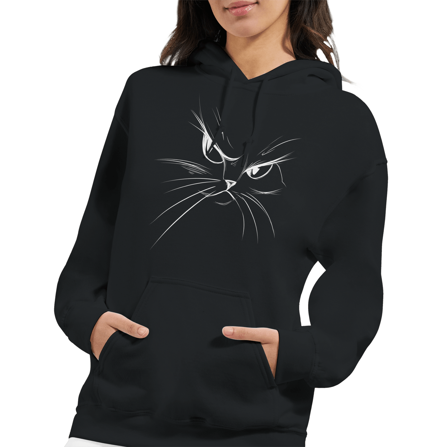 "Attitude Cat Hoodie" – Double - Sided Line Art Hoodie – Minimalist Angry Cat Pullover (Black) - MildPrint.store