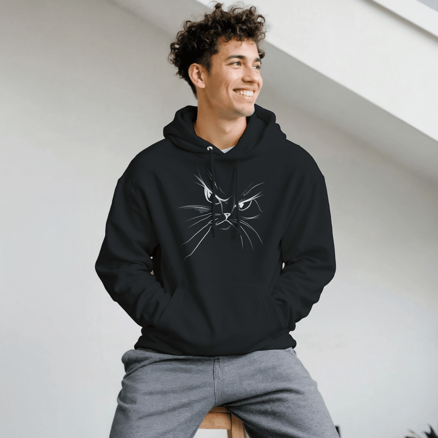 "Attitude Cat Hoodie" – Double - Sided Line Art Hoodie – Minimalist Angry Cat Pullover (Black) - MildPrint.store