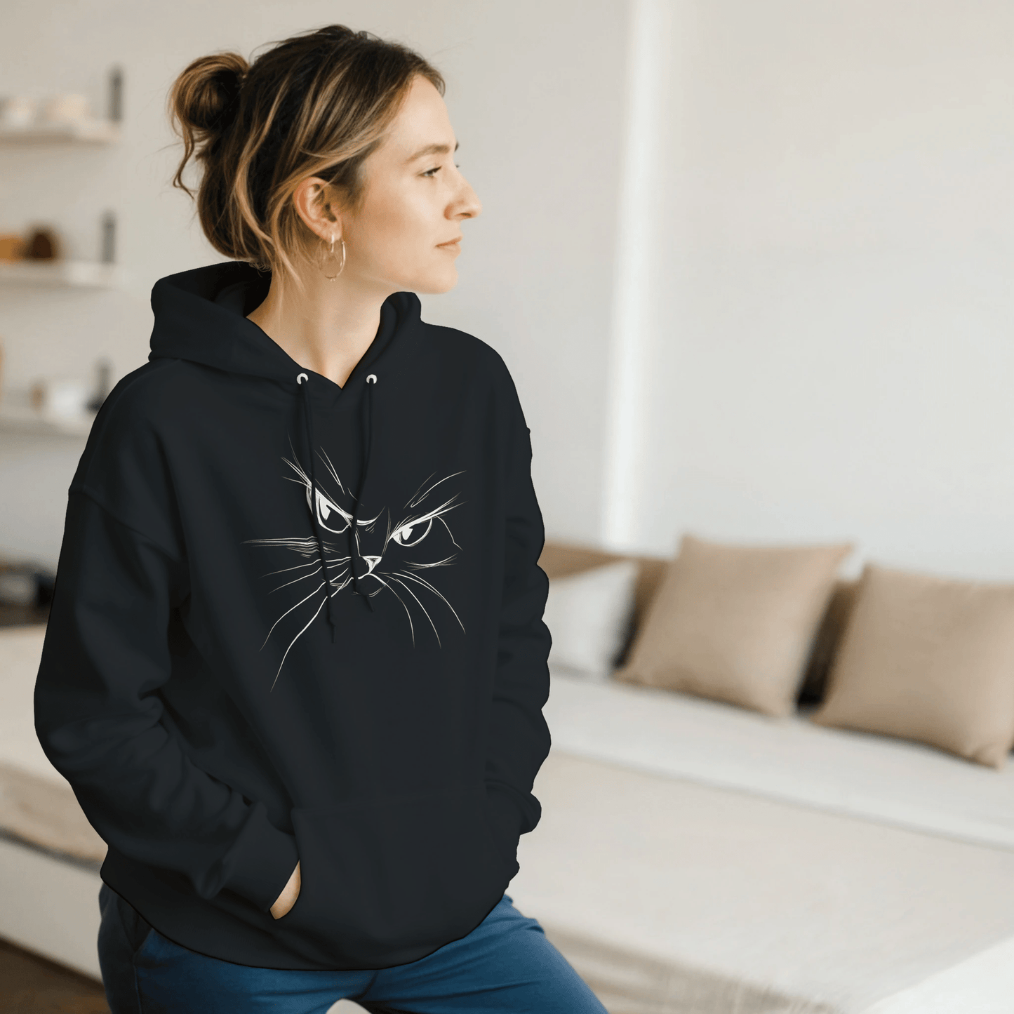 "Attitude Cat Hoodie" – Double - Sided Line Art Hoodie – Minimalist Angry Cat Pullover (Black) - MildPrint.store