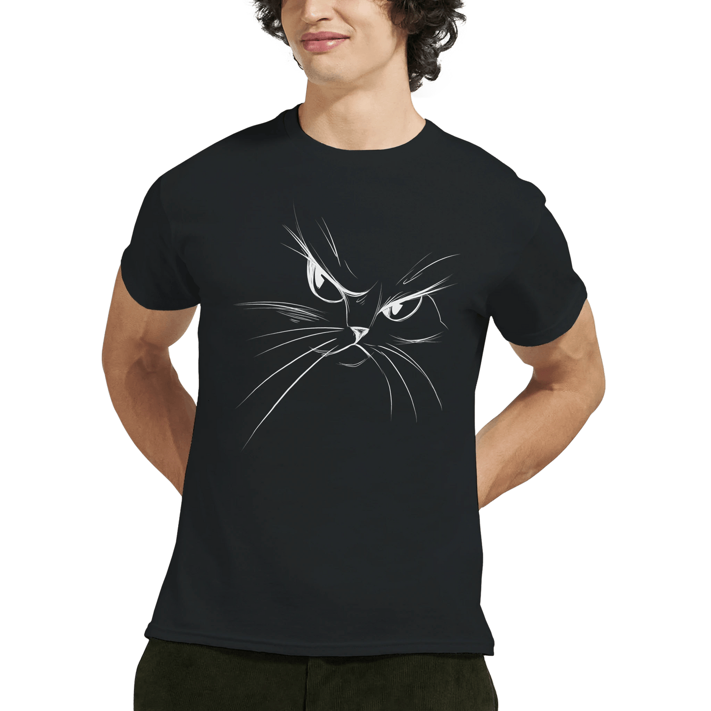 "Attitude Cat" – Minimalist Line Art T-Shirt – Double - Sided Elegant Cat Tee – Chic Unisex Animal Shirt (Black) - MildPrint.store