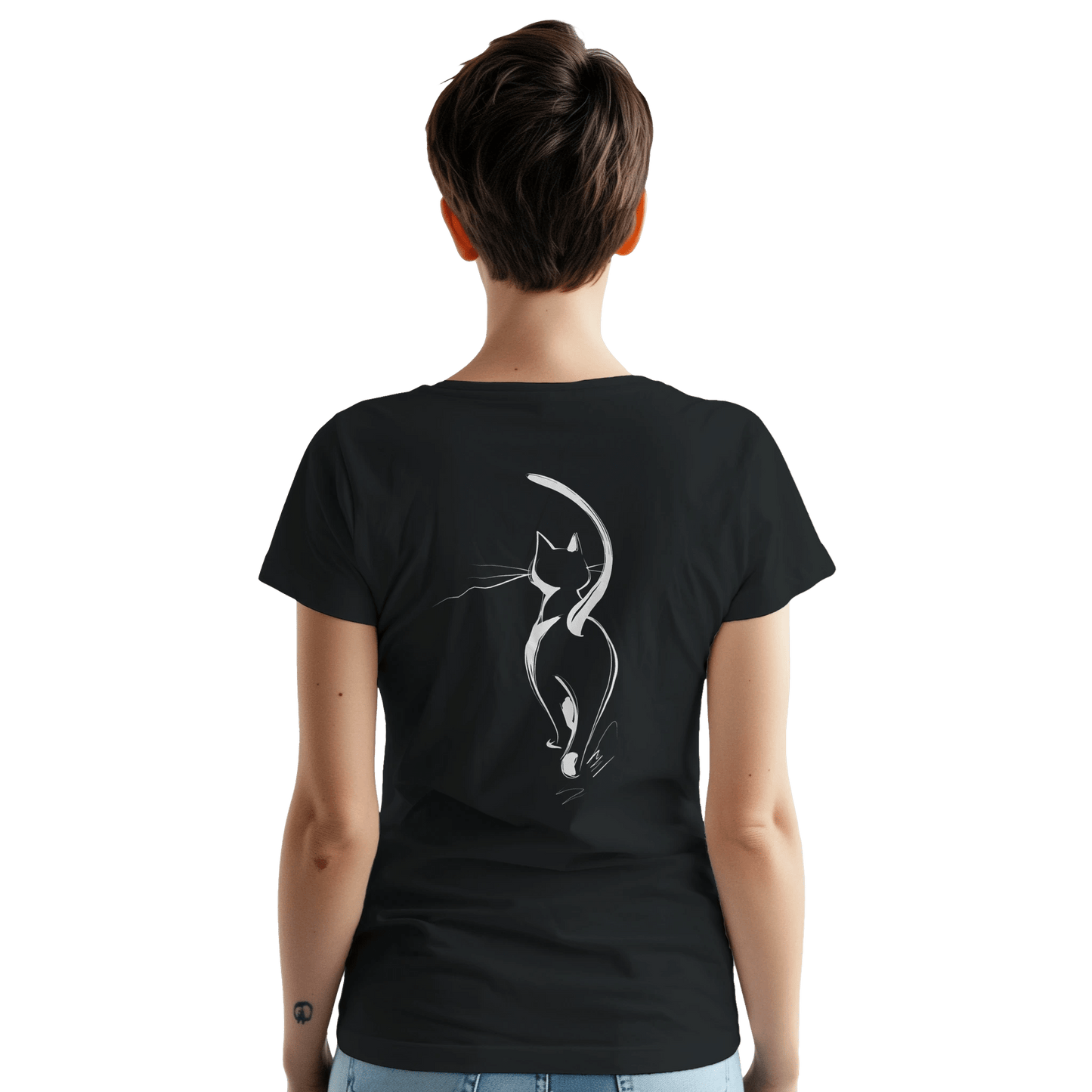 "Attitude Cat" – Minimalist Line Art T-Shirt – Double - Sided Elegant Cat Tee – Chic Unisex Animal Shirt (Black) - MildPrint.store