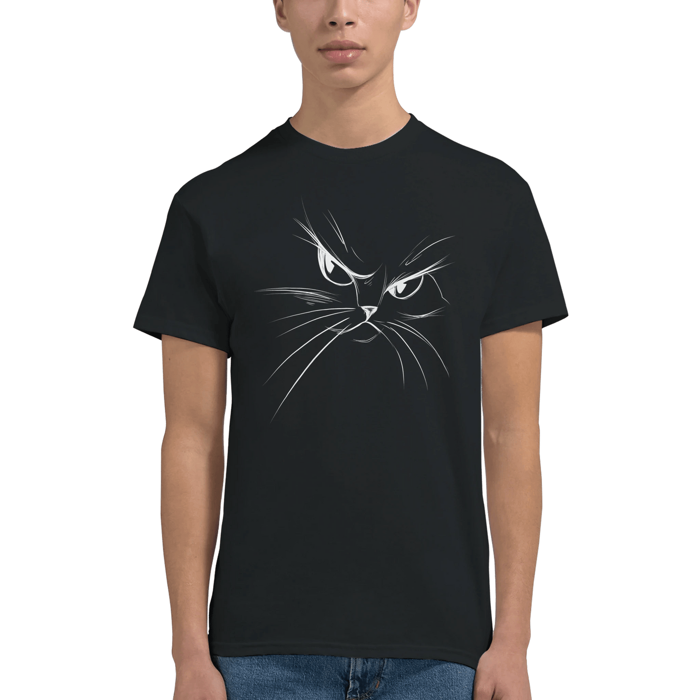 "Attitude Cat" – Minimalist Line Art T-Shirt – Double - Sided Elegant Cat Tee – Chic Unisex Animal Shirt (Black) - MildPrint.store