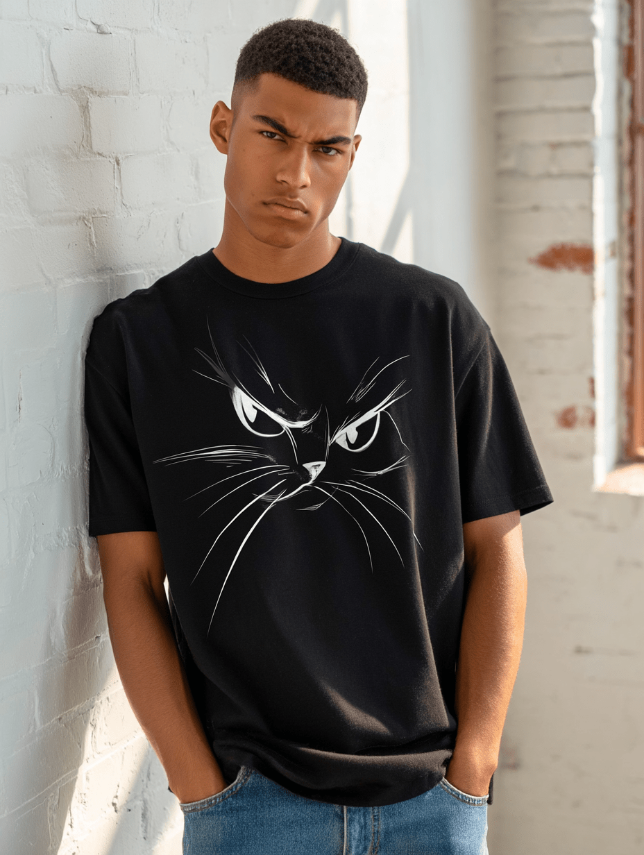 "Attitude Cat" – Minimalist Line Art T-Shirt – Double - Sided Elegant Cat Tee – Chic Unisex Animal Shirt (Black) - MildPrint.store