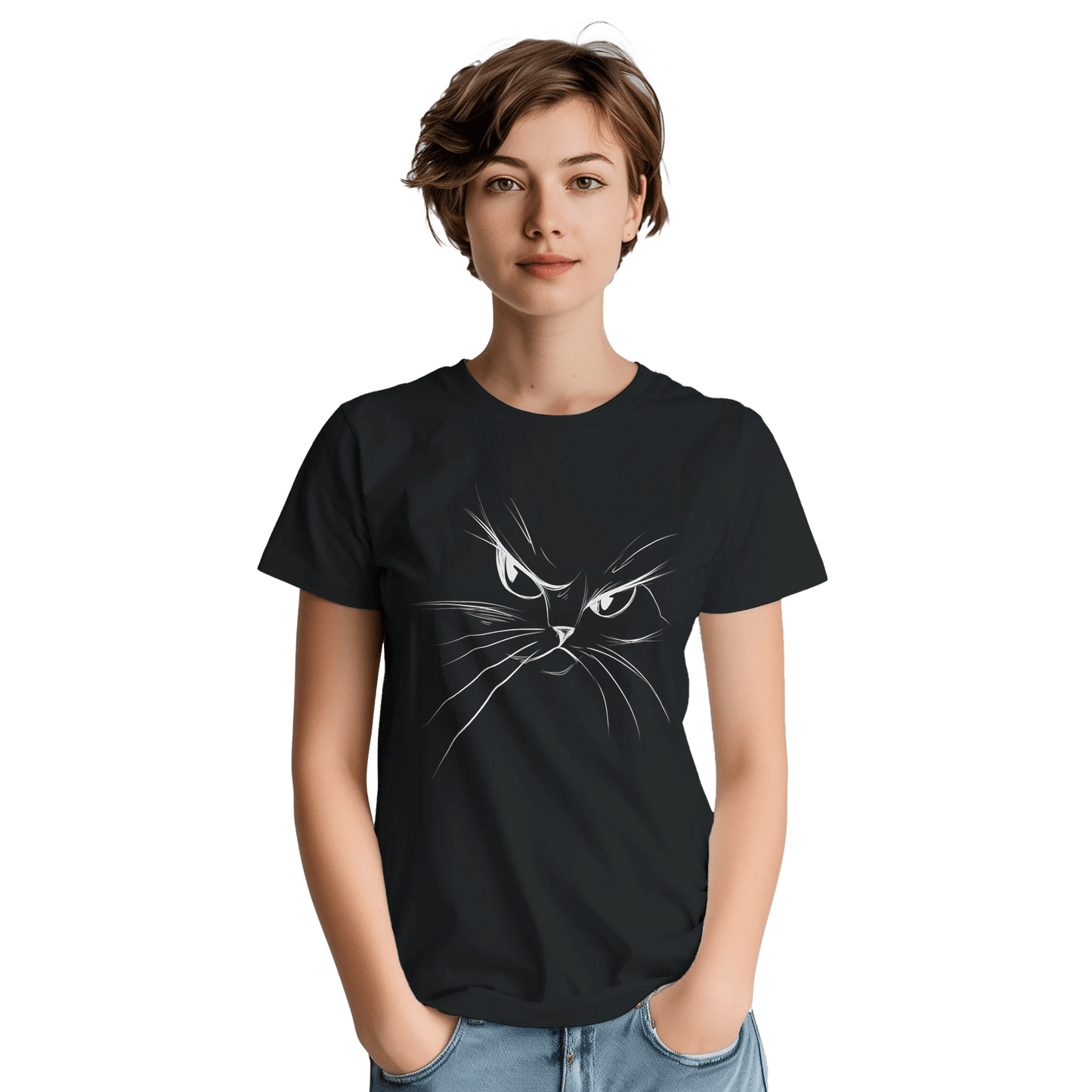 "Attitude Cat" – Minimalist Line Art T-Shirt – Double - Sided Elegant Cat Tee – Chic Unisex Animal Shirt (Black) - MildPrint.store