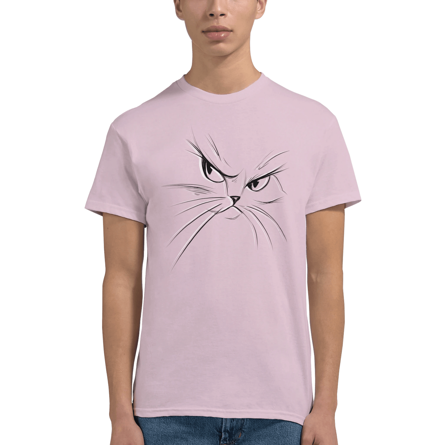 "Attitude Cat" – Minimalist Line Art T-Shirt – Double - Sided Elegant Cat Tee – Chic Unisex Animal Shirt (Light Pink) - MildPrint.store