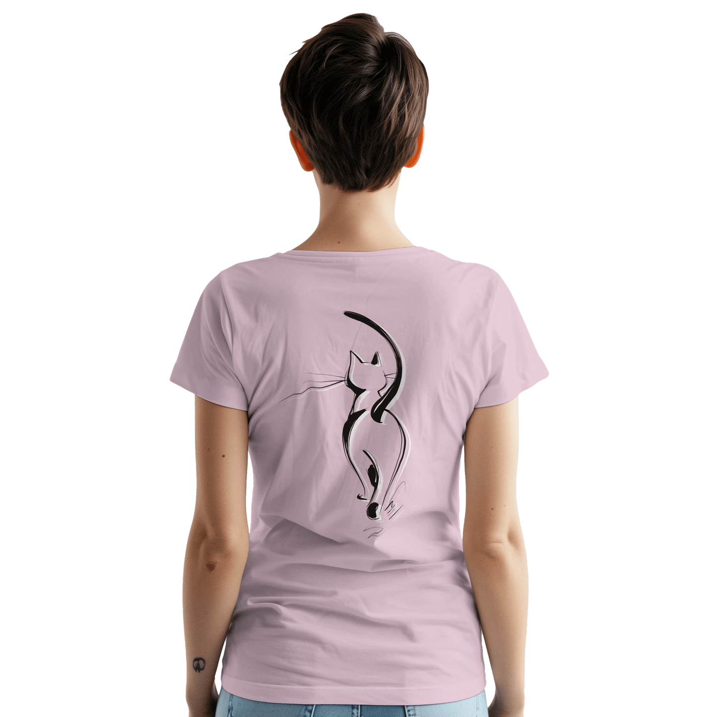 "Attitude Cat" – Minimalist Line Art T-Shirt – Double - Sided Elegant Cat Tee – Chic Unisex Animal Shirt (Light Pink) - MildPrint.store