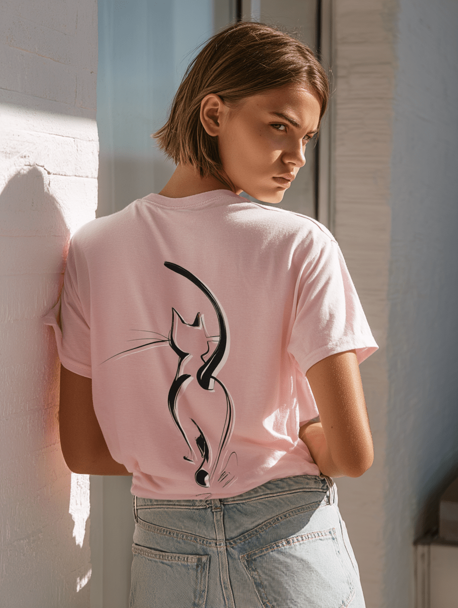 "Attitude Cat" – Minimalist Line Art T-Shirt – Double - Sided Elegant Cat Tee – Chic Unisex Animal Shirt (Light Pink) - MildPrint.store