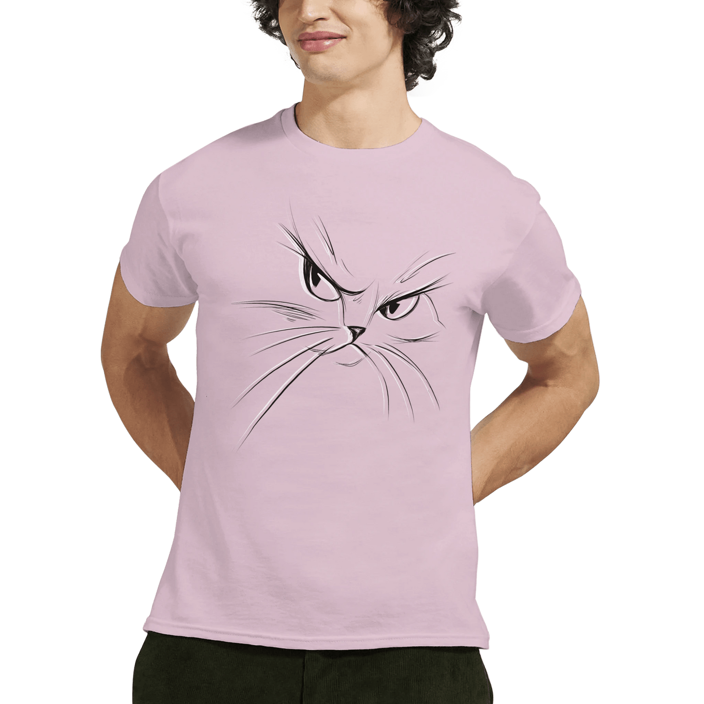 "Attitude Cat" – Minimalist Line Art T-Shirt – Double - Sided Elegant Cat Tee – Chic Unisex Animal Shirt (Light Pink) - MildPrint.store