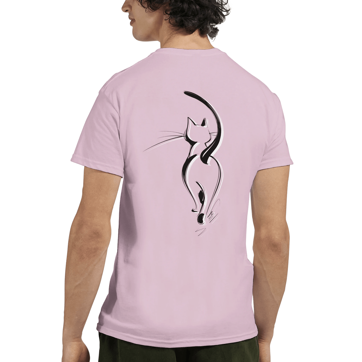 "Attitude Cat" – Minimalist Line Art T-Shirt – Double - Sided Elegant Cat Tee – Chic Unisex Animal Shirt (Light Pink) - MildPrint.store