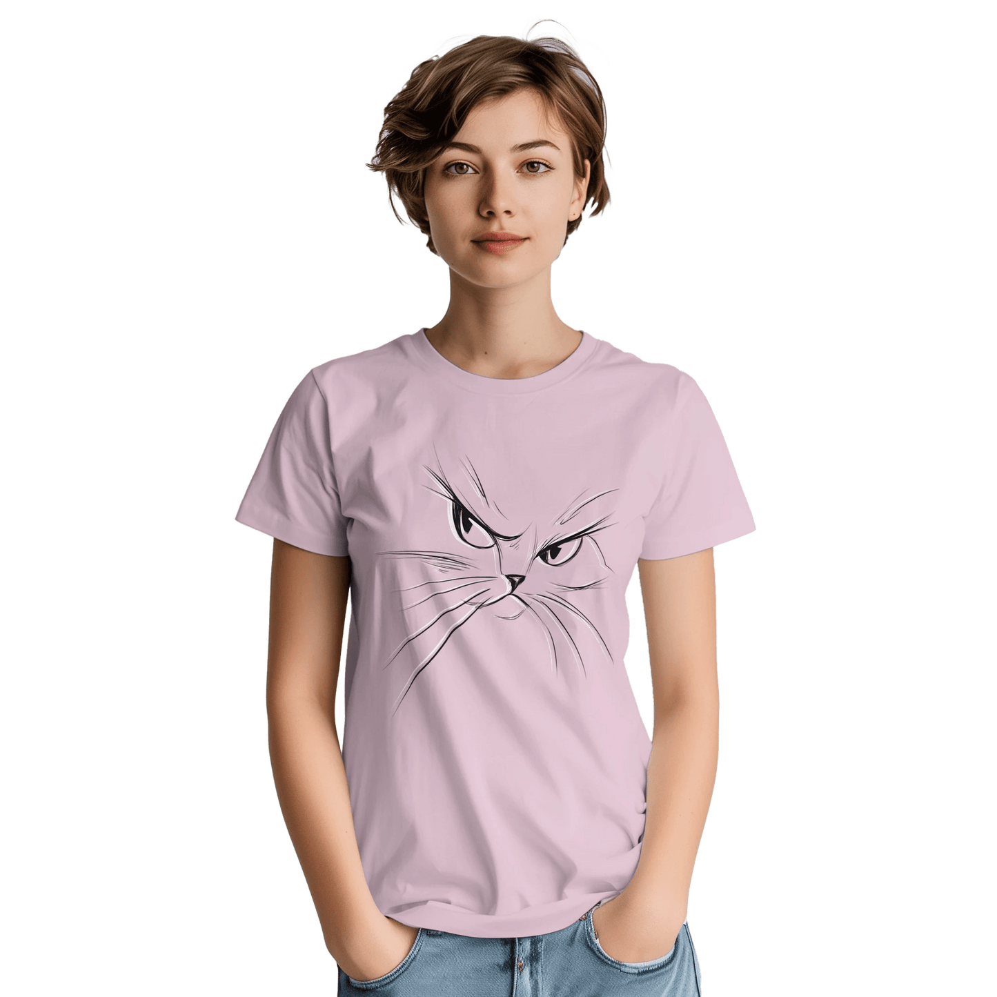 "Attitude Cat" – Minimalist Line Art T-Shirt – Double - Sided Elegant Cat Tee – Chic Unisex Animal Shirt (Light Pink) - MildPrint.store