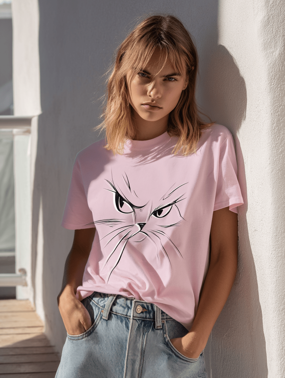 "Attitude Cat" – Minimalist Line Art T-Shirt – Double - Sided Elegant Cat Tee – Chic Unisex Animal Shirt (Light Pink) - MildPrint.store
