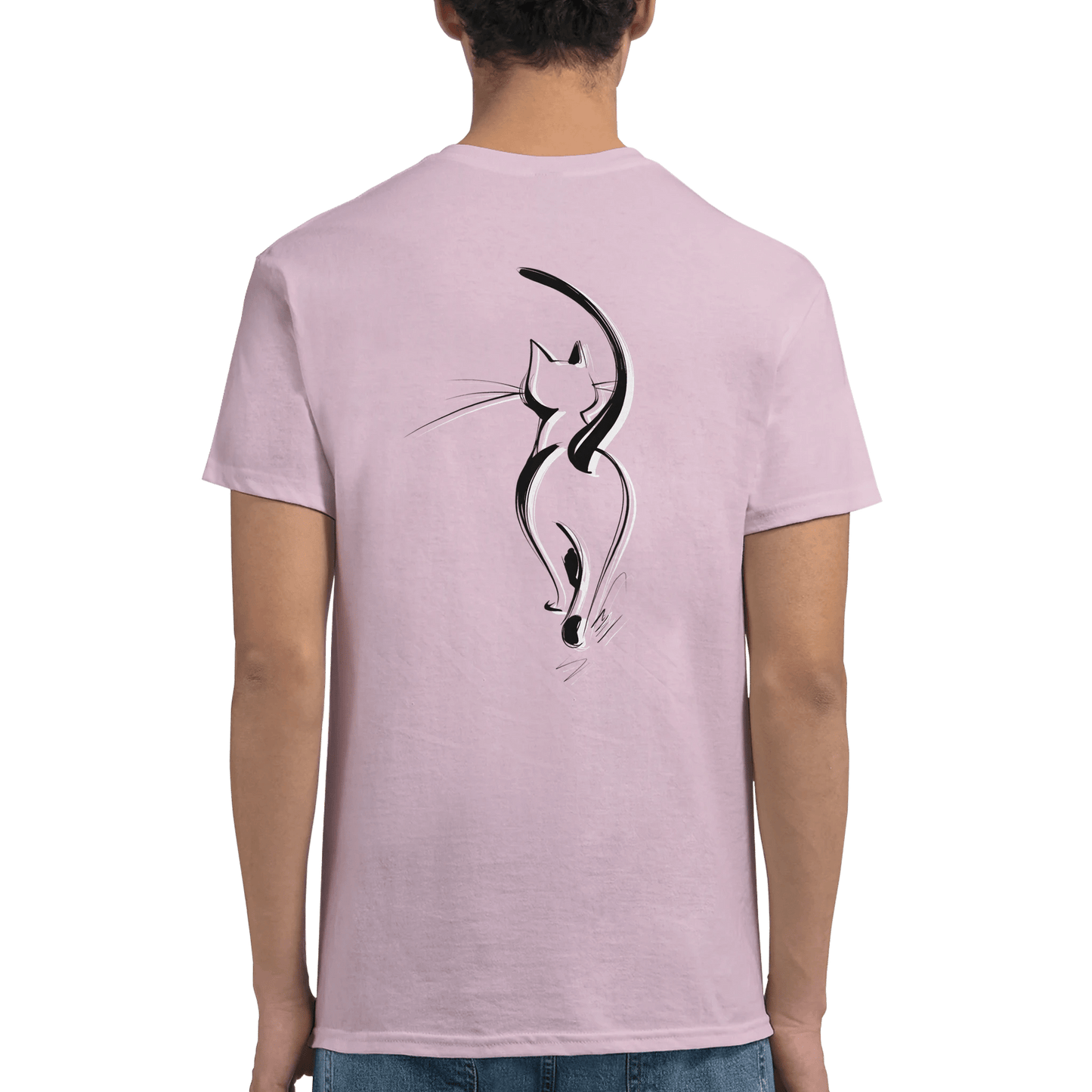 "Attitude Cat" – Minimalist Line Art T-Shirt – Double - Sided Elegant Cat Tee – Chic Unisex Animal Shirt (Light Pink) - MildPrint.store