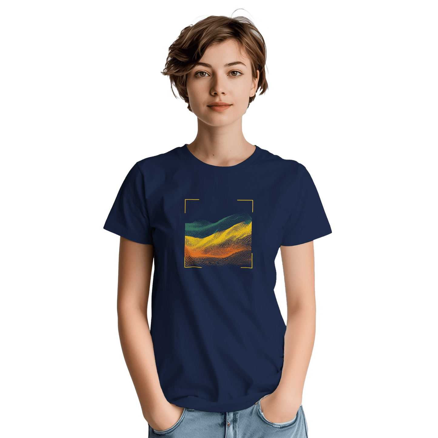 "Digital Terrain" – Abstract Gradient Grid T-Shirt – Futuristic Landscape Graphic Tee (Navy) - MildPrint.store