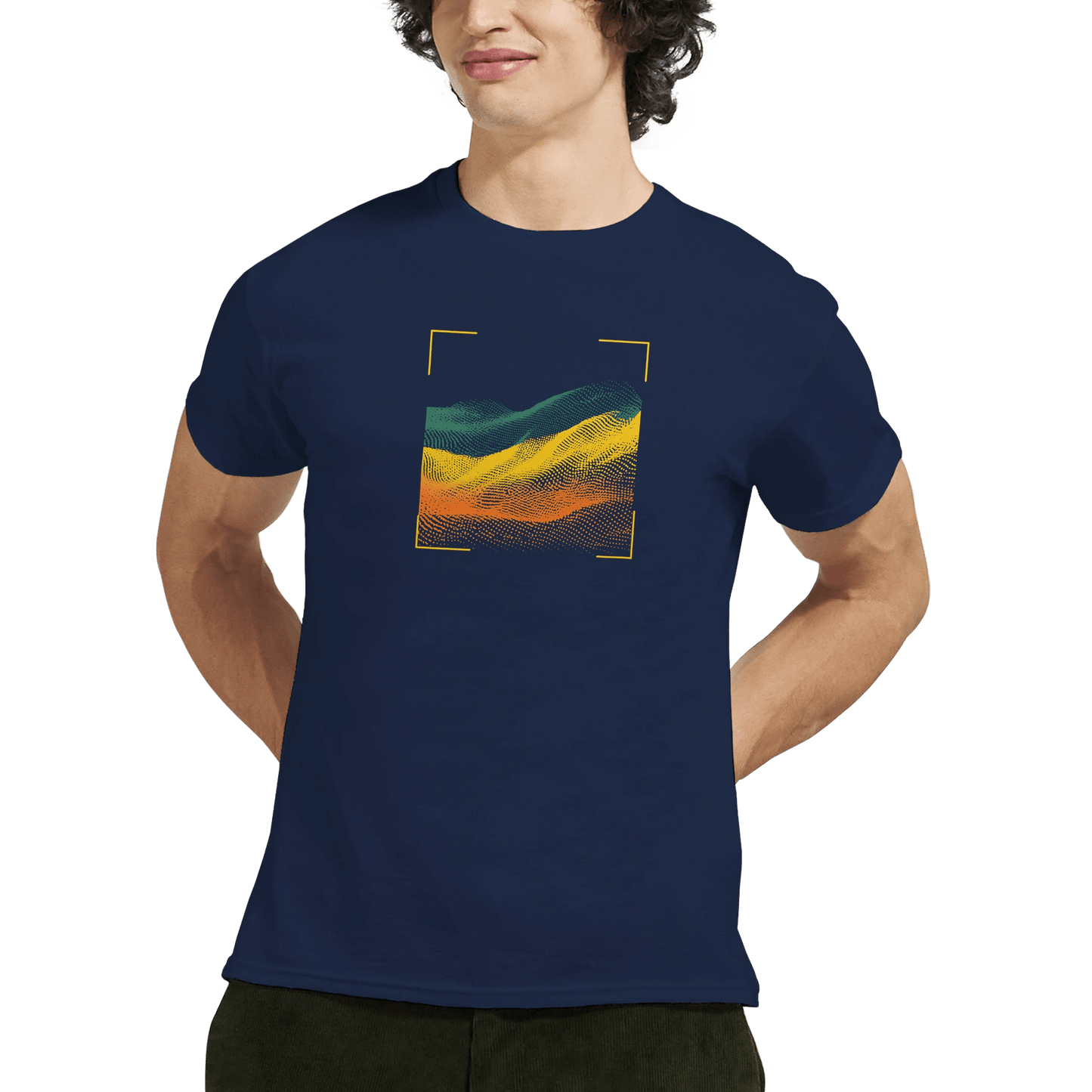 "Digital Terrain" – Abstract Gradient Grid T-Shirt – Futuristic Landscape Graphic Tee (Navy) - MildPrint.store
