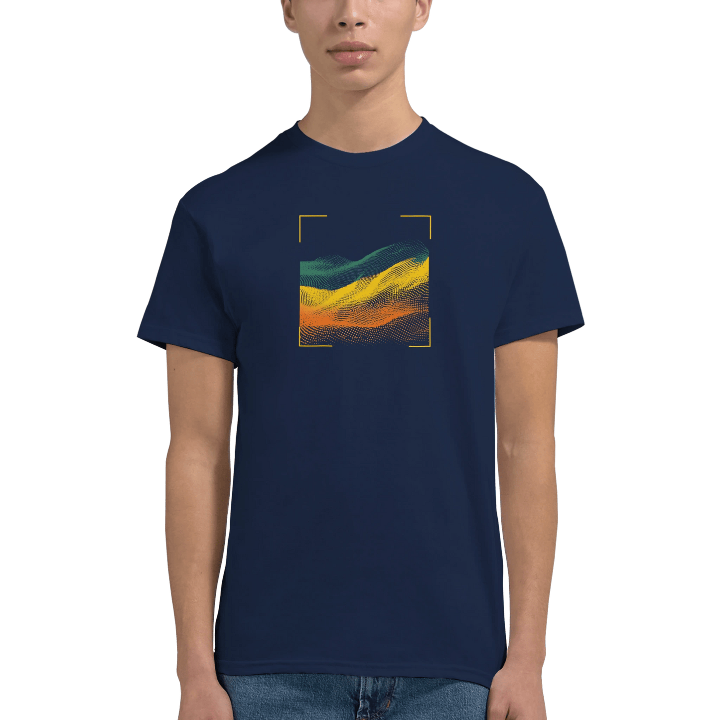 "Digital Terrain" – Abstract Gradient Grid T-Shirt – Futuristic Landscape Graphic Tee (Navy) - MildPrint.store