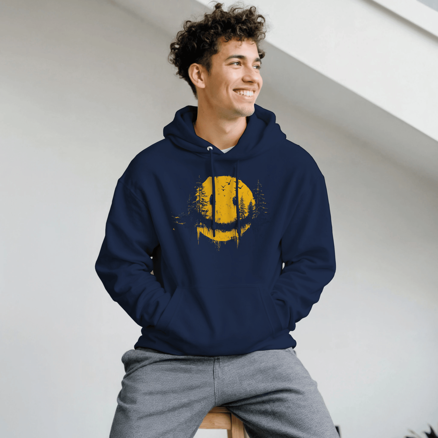 "Forest Smiley Hoodie" – Grunge Yellow Moon Hoodie – Nature Meets Streetwear - MildPrint.store