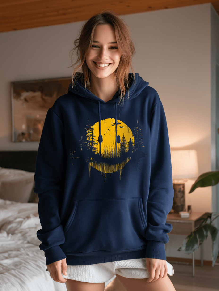 "Forest Smiley Hoodie" – Grunge Yellow Moon Hoodie – Nature Meets Streetwear - MildPrint.store