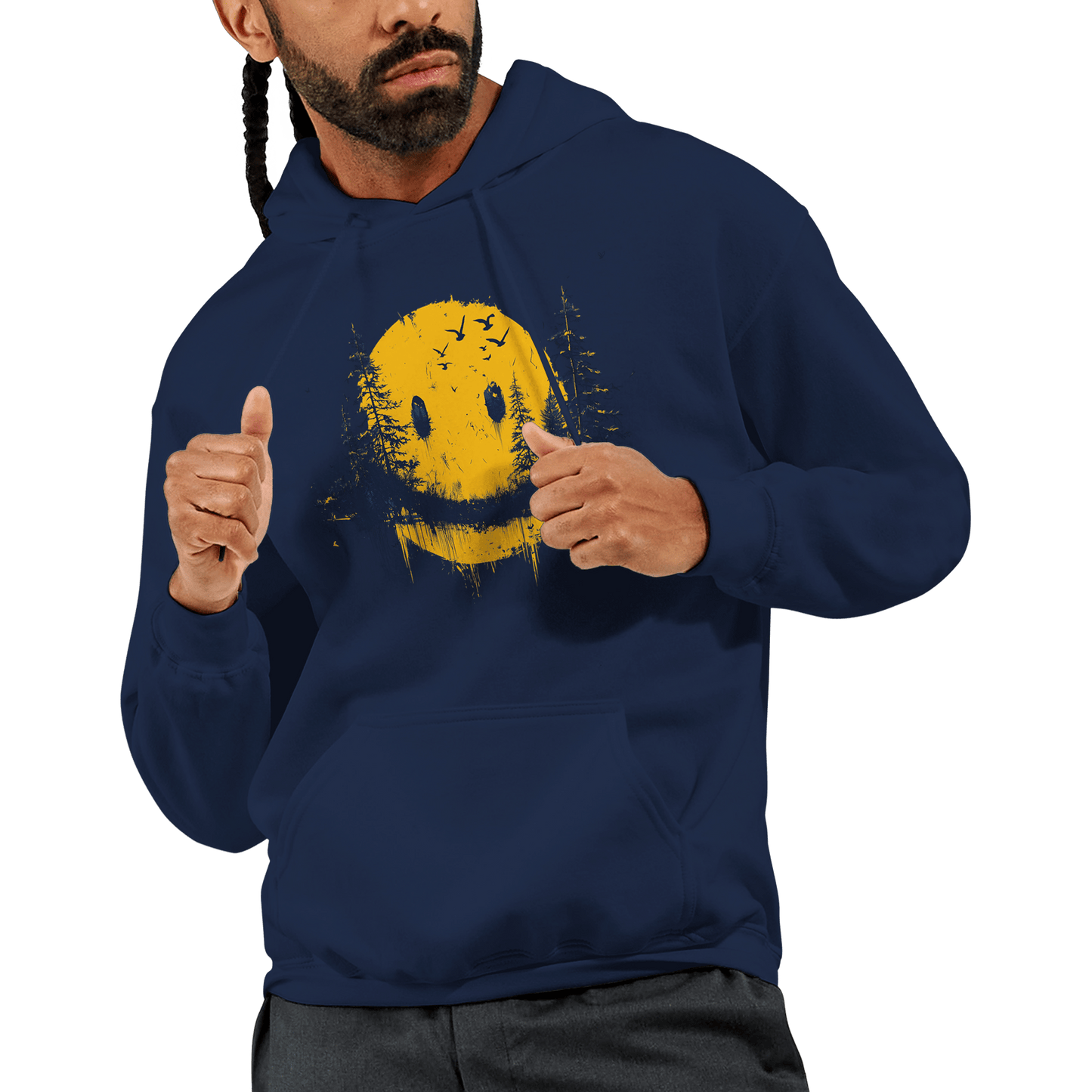 "Forest Smiley Hoodie" – Grunge Yellow Moon Hoodie – Nature Meets Streetwear - MildPrint.store