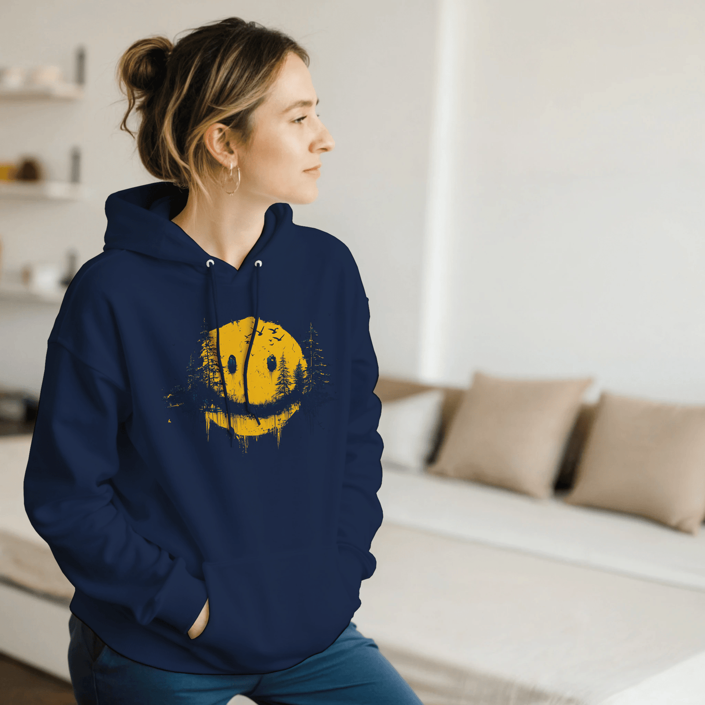 "Forest Smiley Hoodie" – Grunge Yellow Moon Hoodie – Nature Meets Streetwear - MildPrint.store