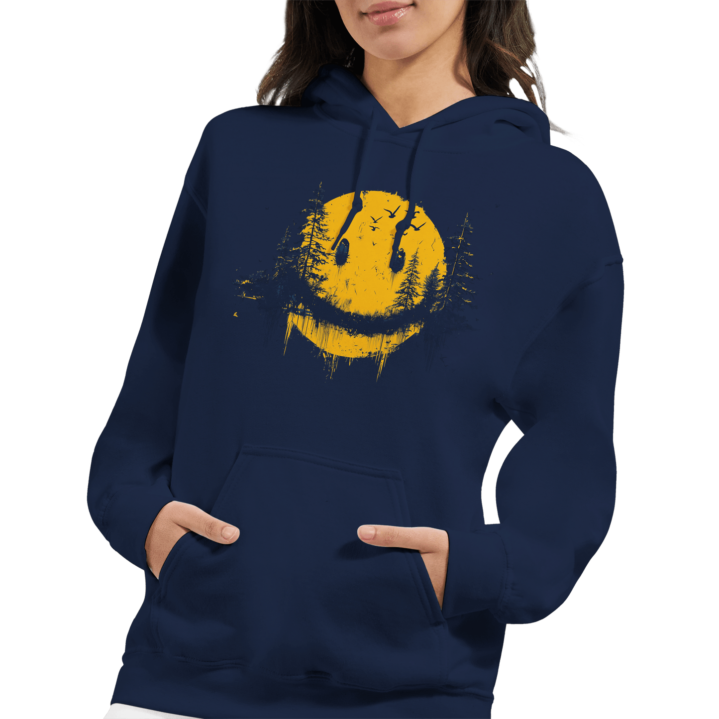 "Forest Smiley Hoodie" – Grunge Yellow Moon Hoodie – Nature Meets Streetwear - MildPrint.store