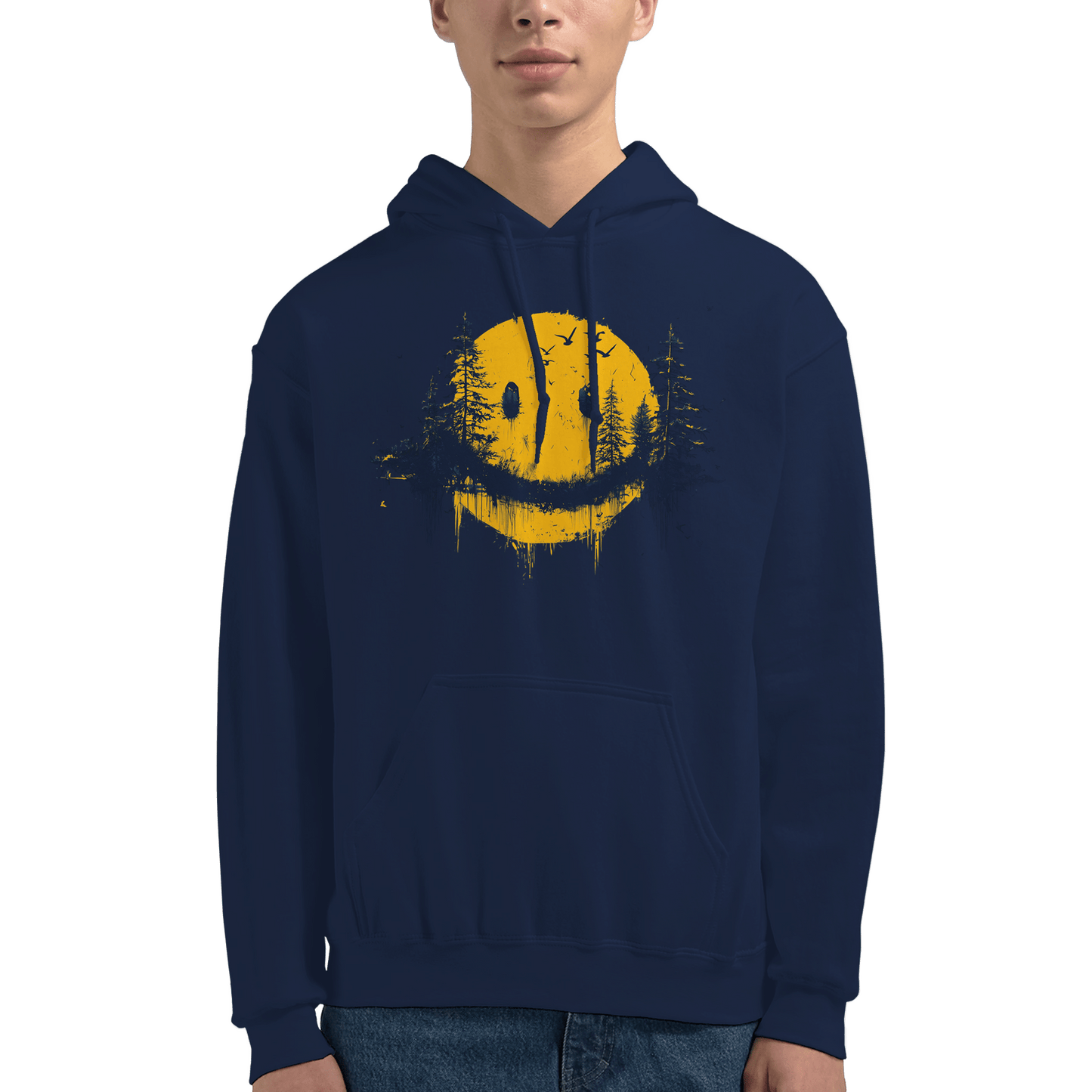 "Forest Smiley Hoodie" – Grunge Yellow Moon Hoodie – Nature Meets Streetwear - MildPrint.store