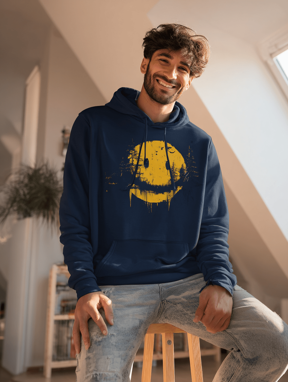 "Forest Smiley Hoodie" – Grunge Yellow Moon Hoodie – Nature Meets Streetwear - MildPrint.store