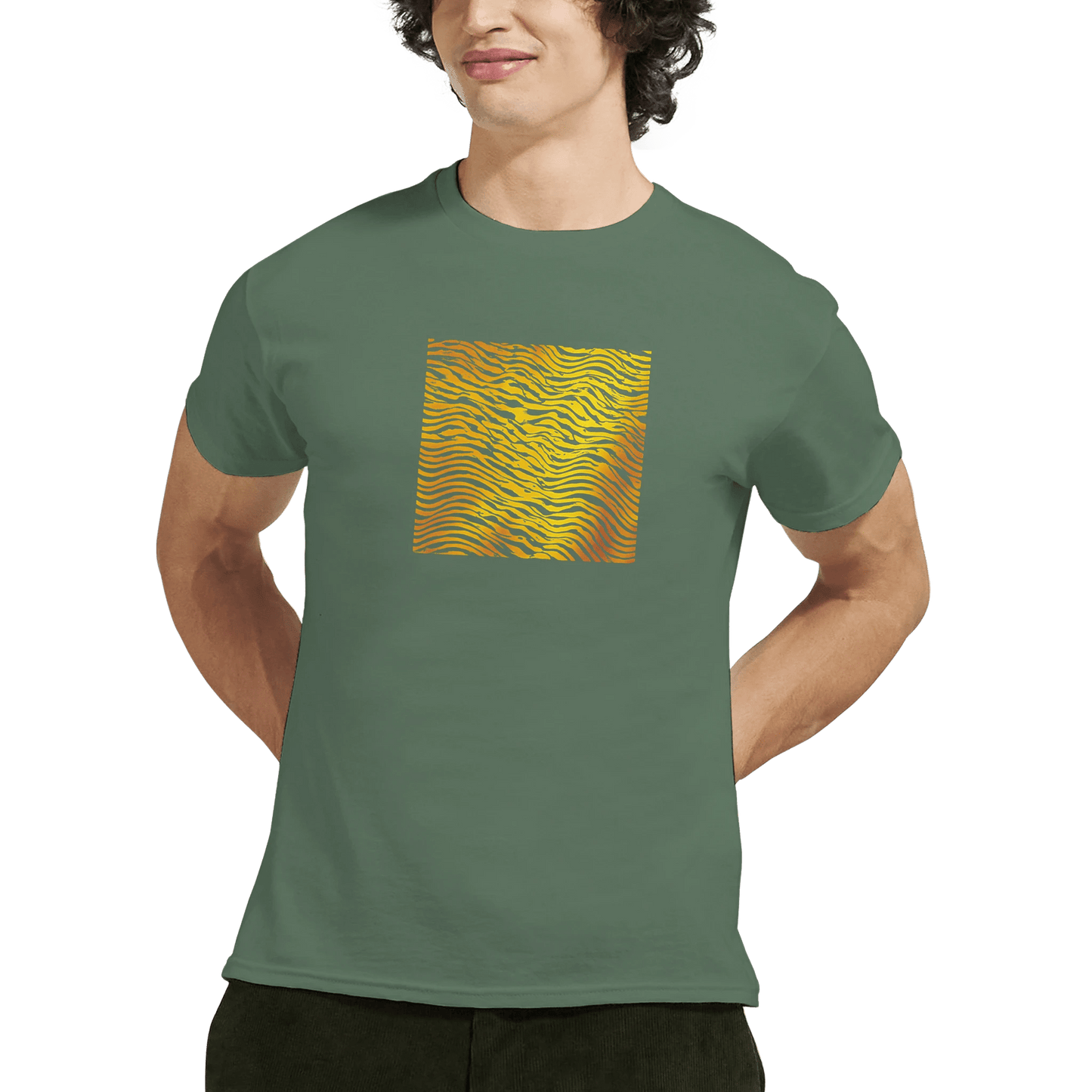 "Heatwave Lines" – Abstract Sun Pattern T-Shirt – Modern Minimalist Graphic Tee (Military Green) - MildPrint.store