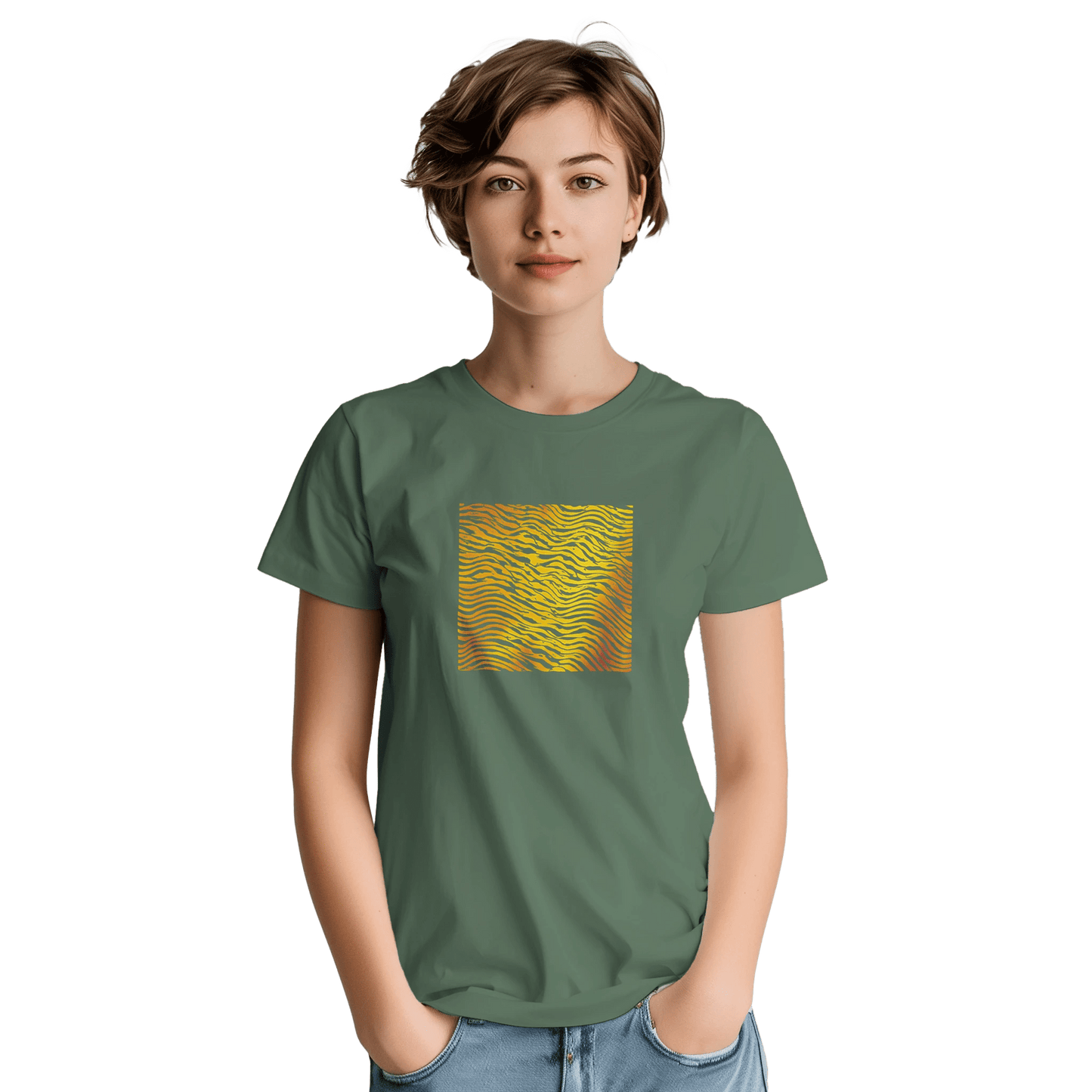 "Heatwave Lines" – Abstract Sun Pattern T-Shirt – Modern Minimalist Graphic Tee (Military Green) - MildPrint.store