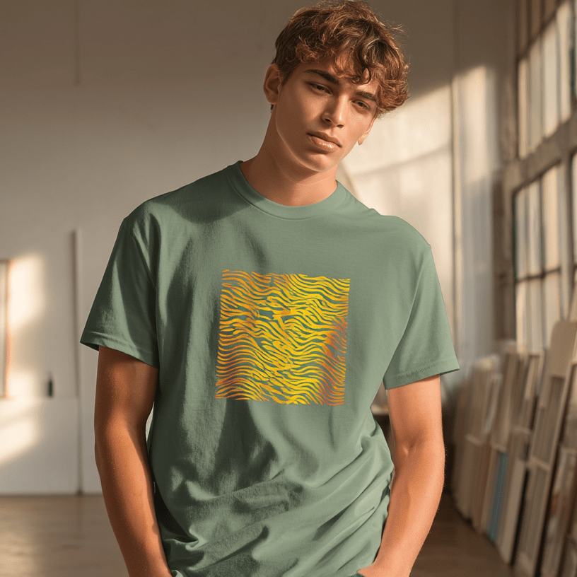 "Heatwave Lines" – Abstract Sun Pattern T-Shirt – Modern Minimalist Graphic Tee (Military Green) - MildPrint.store
