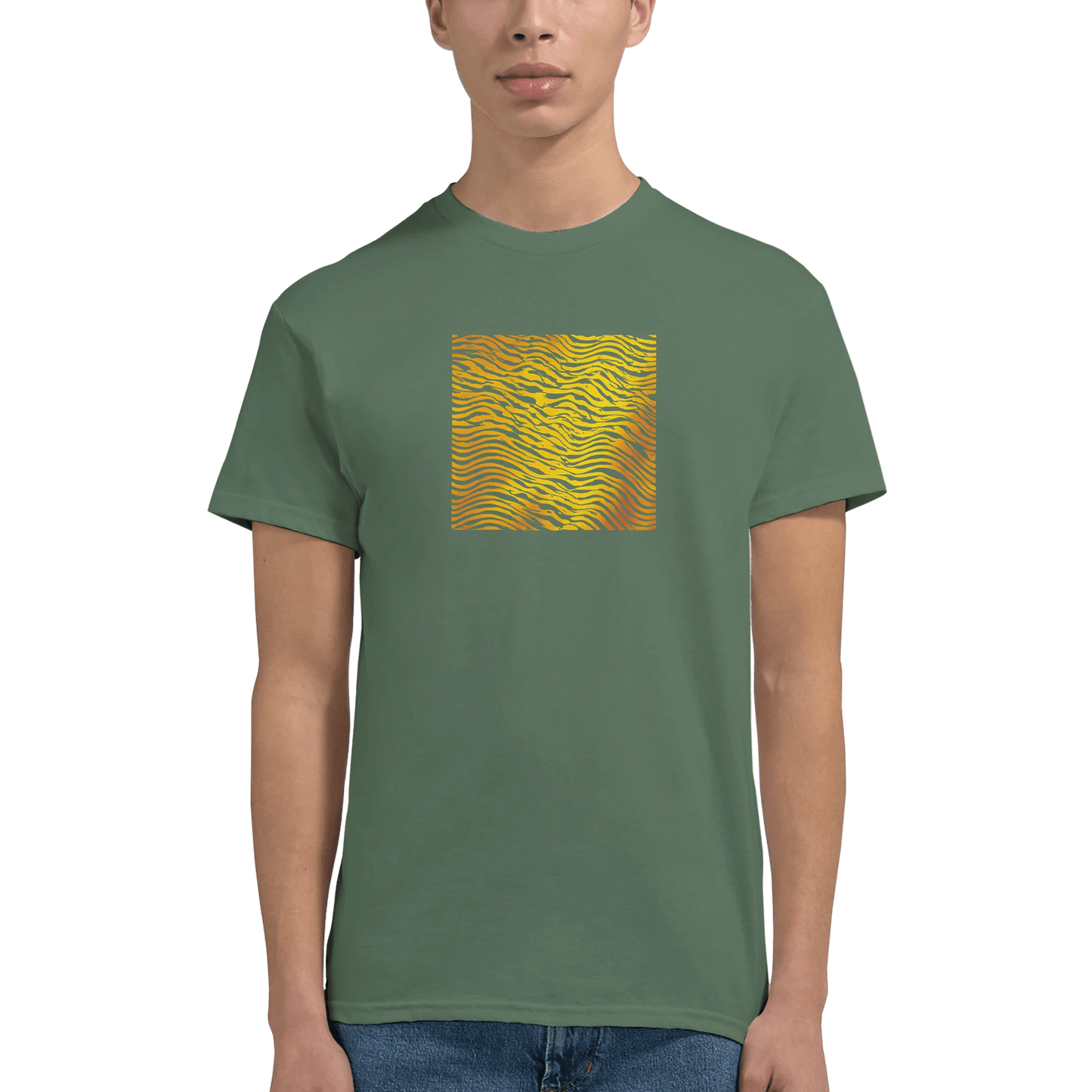"Heatwave Lines" – Abstract Sun Pattern T-Shirt – Modern Minimalist Graphic Tee (Military Green) - MildPrint.store
