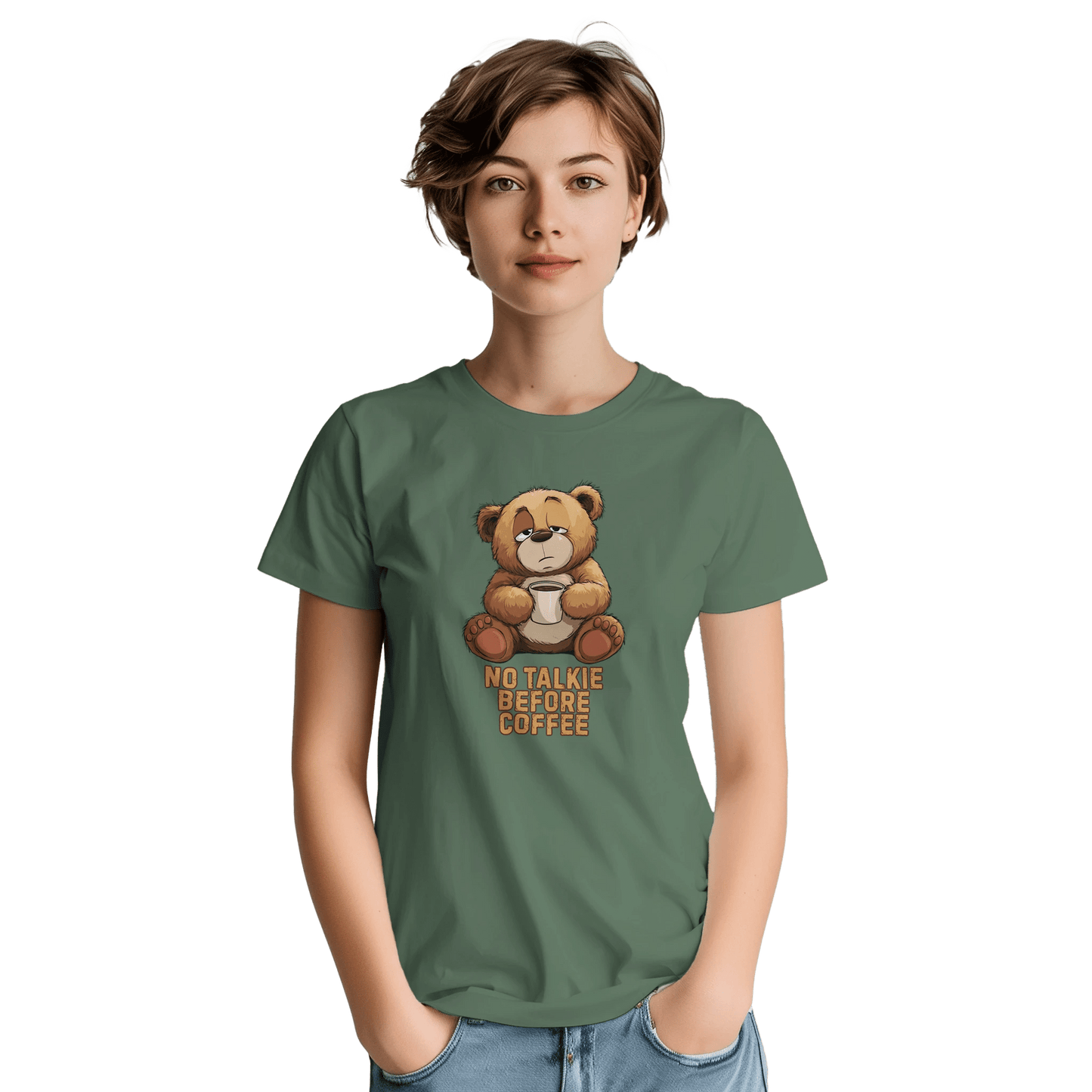 "No Talkie Before Coffee" – Funny Coffee Bear T-Shirt – Cute Lazy Morning Tee – Unisex Graphic Shirt for Caffeine Lovers (Military Green) - MildPrint.store