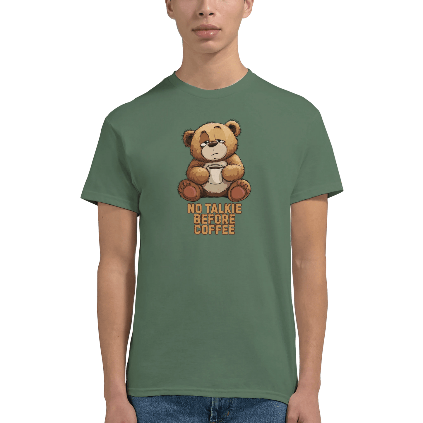 "No Talkie Before Coffee" – Funny Coffee Bear T-Shirt – Cute Lazy Morning Tee – Unisex Graphic Shirt for Caffeine Lovers (Military Green) - MildPrint.store