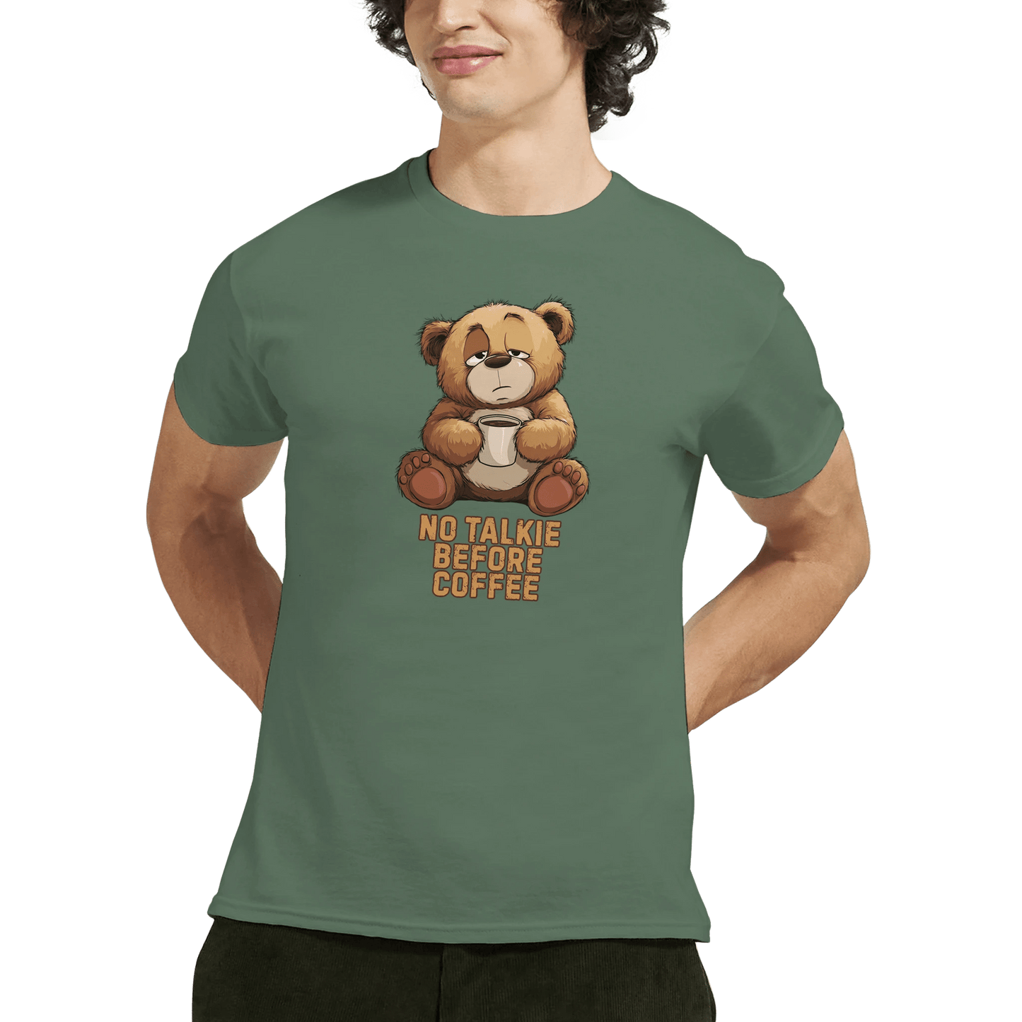 "No Talkie Before Coffee" – Funny Coffee Bear T-Shirt – Cute Lazy Morning Tee – Unisex Graphic Shirt for Caffeine Lovers (Military Green) - MildPrint.store