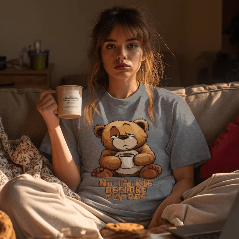 "No Talkie Before Coffee" – Funny Coffee Bear T-Shirt – Cute Lazy Morning Tee – Unisex Graphic Shirt for Caffeine Lovers (Sport Grey) - MildPrint.store