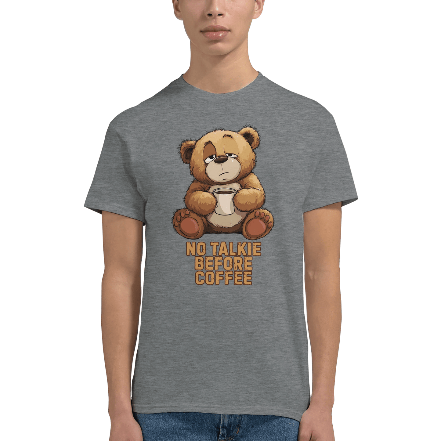 "No Talkie Before Coffee" – Funny Coffee Bear T-Shirt – Cute Lazy Morning Tee – Unisex Graphic Shirt for Caffeine Lovers (Sport Grey) - MildPrint.store