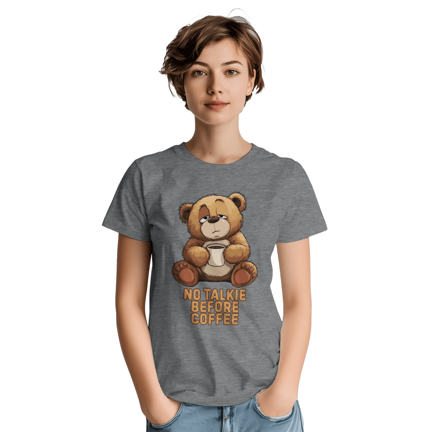 "No Talkie Before Coffee" – Funny Coffee Bear T-Shirt – Cute Lazy Morning Tee – Unisex Graphic Shirt for Caffeine Lovers (Sport Grey) - MildPrint.store