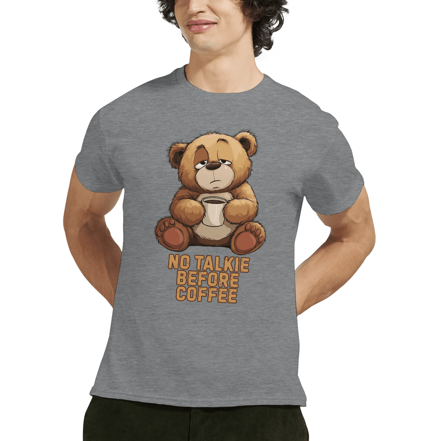 "No Talkie Before Coffee" – Funny Coffee Bear T-Shirt – Cute Lazy Morning Tee – Unisex Graphic Shirt for Caffeine Lovers (Sport Grey) - MildPrint.store