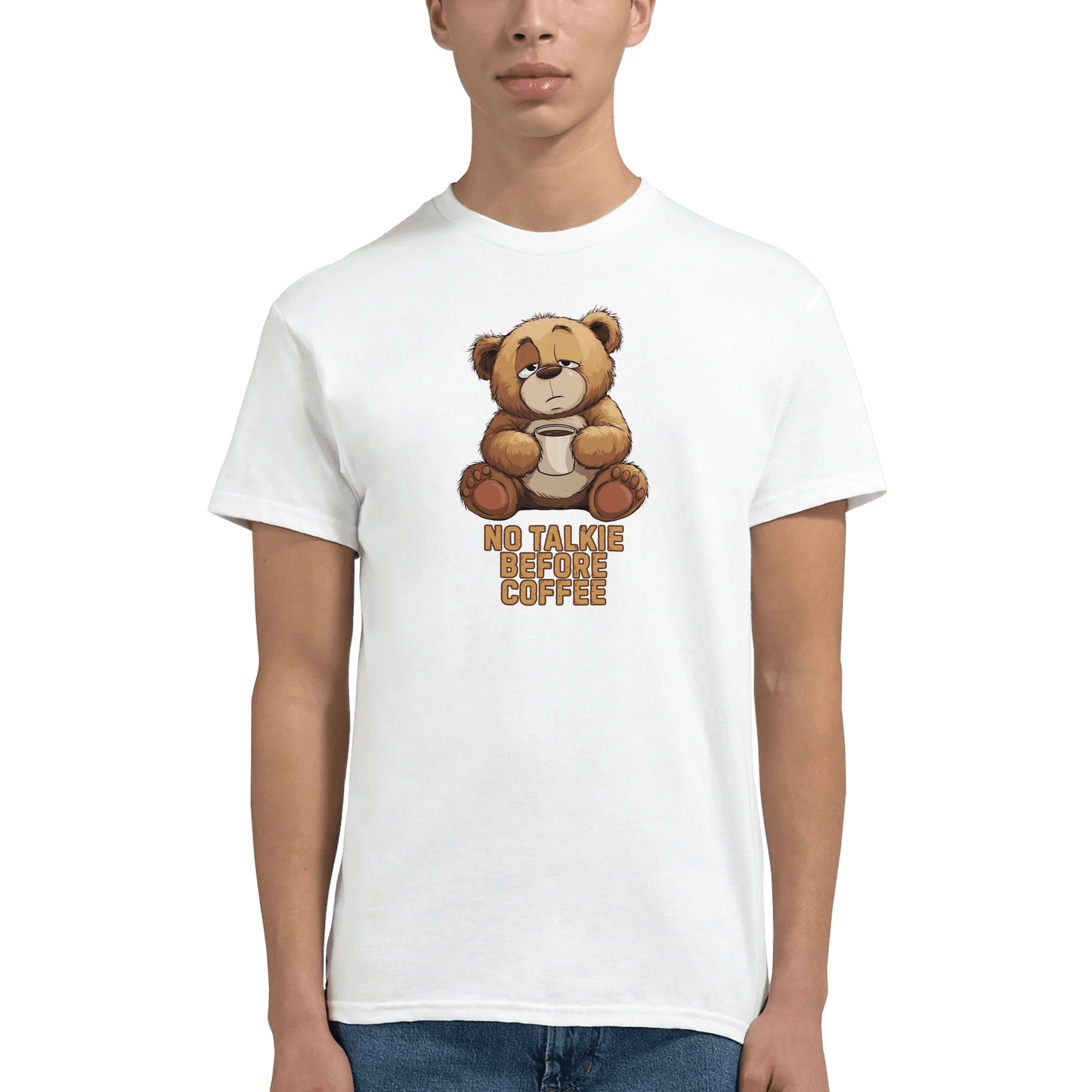 "No Talkie Before Coffee" – Funny Coffee Bear T-Shirt – Cute Lazy Morning Tee – Unisex Graphic Shirt for Caffeine Lovers (White) - MildPrint.store