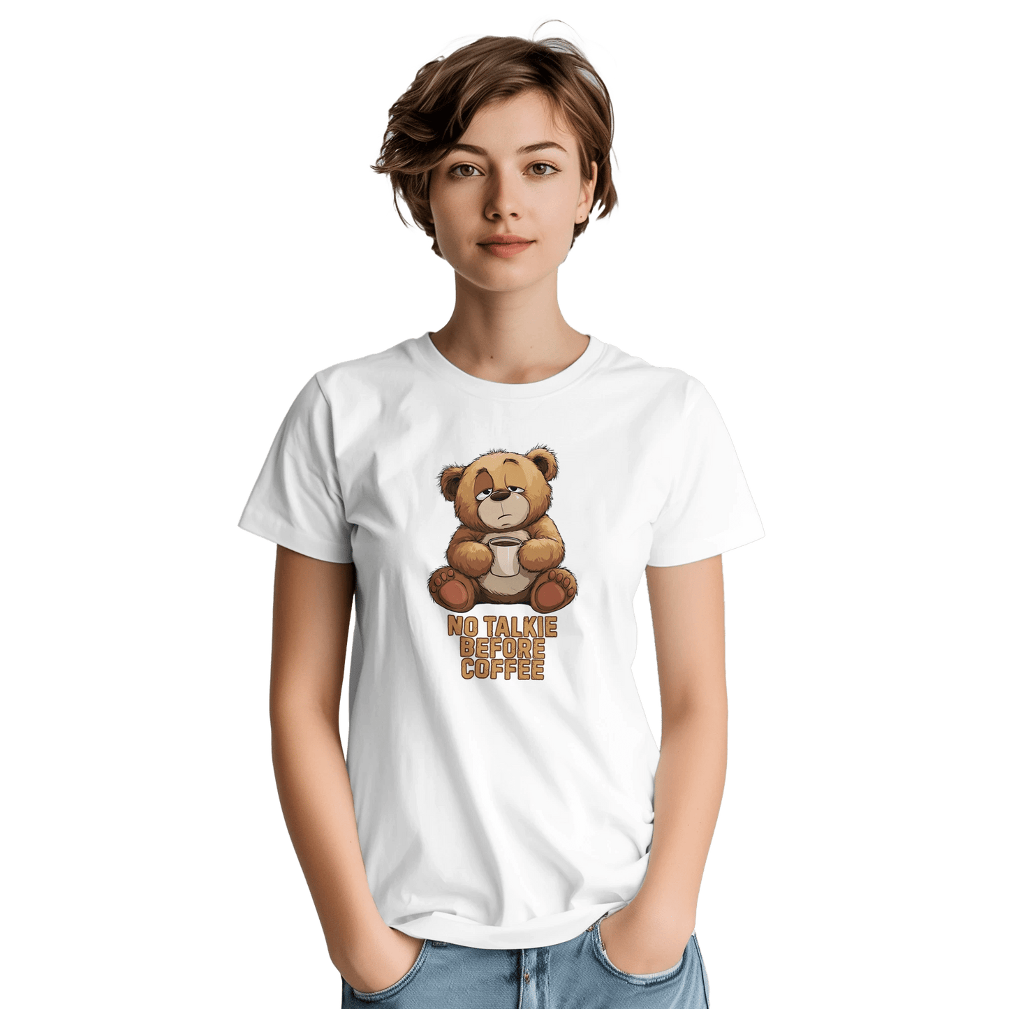 "No Talkie Before Coffee" – Funny Coffee Bear T-Shirt – Cute Lazy Morning Tee – Unisex Graphic Shirt for Caffeine Lovers (White) - MildPrint.store