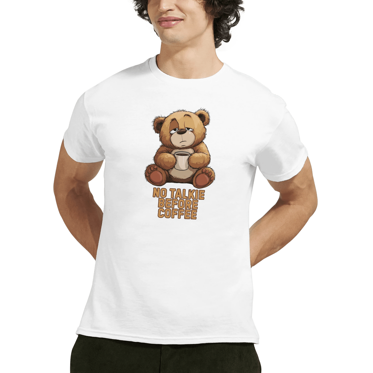 "No Talkie Before Coffee" – Funny Coffee Bear T-Shirt – Cute Lazy Morning Tee – Unisex Graphic Shirt for Caffeine Lovers (White) - MildPrint.store