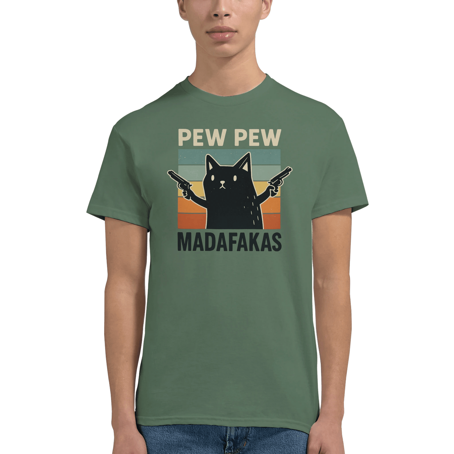 "Pew Pew Madafakas" – Funny Cat T-Shirt – Retro Meme Gun Cat Tee – Sarcastic Graphic Shirt Unisex (Military Green) - MildPrint.store