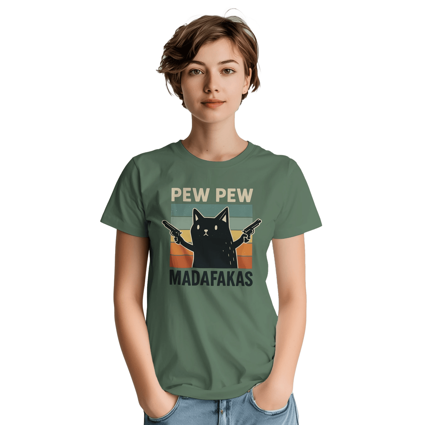 "Pew Pew Madafakas" – Funny Cat T-Shirt – Retro Meme Gun Cat Tee – Sarcastic Graphic Shirt Unisex (Military Green) - MildPrint.store
