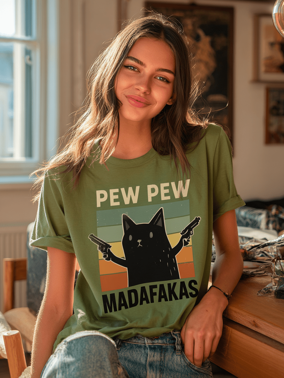 "Pew Pew Madafakas" – Funny Cat T-Shirt – Retro Meme Gun Cat Tee – Sarcastic Graphic Shirt Unisex (Military Green) - MildPrint.store