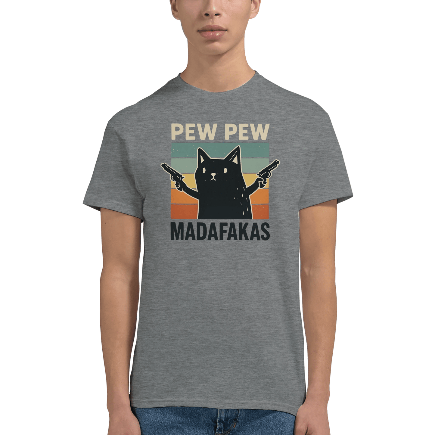 "Pew Pew Madafakas" – Funny Cat T-Shirt – Retro Meme Gun Cat Tee – Sarcastic Graphic Shirt Unisex (Sport Grey) - MildPrint.store
