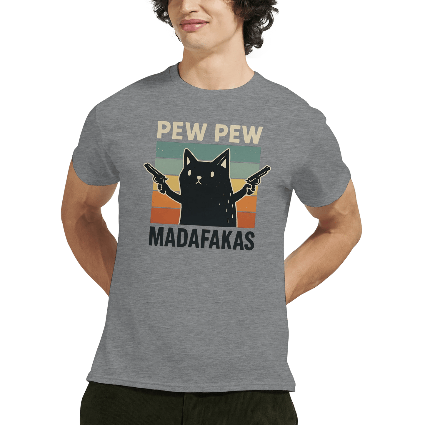"Pew Pew Madafakas" – Funny Cat T-Shirt – Retro Meme Gun Cat Tee – Sarcastic Graphic Shirt Unisex (Sport Grey) - MildPrint.store